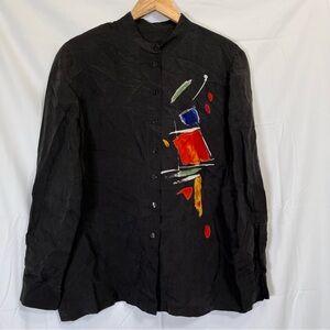 Vtg 90s Black Multi-Color Abstract Art Doncaster Blouse Shirt‎ for Women